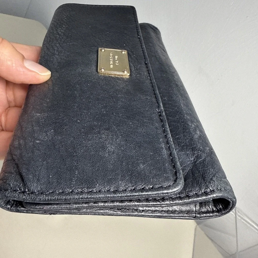 Michael Kors Black Soft Leather Twofold  Snap Zip Flap Women's Large Wallet